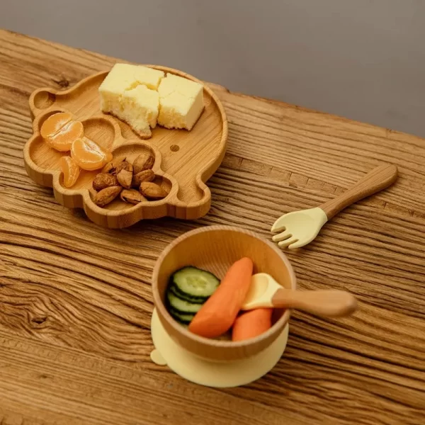 3Pcs Baby Bamboo Plate Silicone Suction Kids Wooden Feeding Tableware Non-slip Dinnerware Baby Tableware for Baby Birthday Gift - Image 2