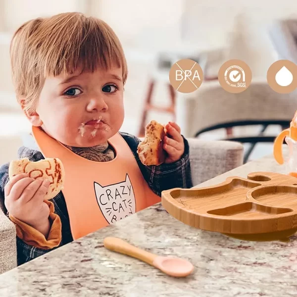 3Pcs Baby Bamboo Plate Silicone Suction Kids Wooden Feeding Tableware Non-slip Dinnerware Baby Tableware for Baby Birthday Gift - Image 3