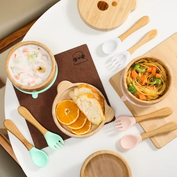 3pc/set Bamboo Baby Feeding Bowl Tableware for Kids Waterproof Suction Bowl Non-slip Silicone Fork Spoon Cartoon Tableware Sets - Image 2