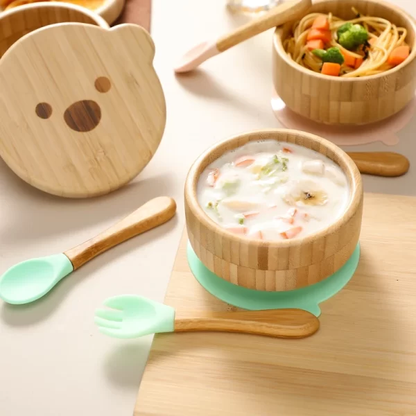 3pc/set Bamboo Baby Feeding Bowl Tableware for Kids Waterproof Suction Bowl Non-slip Silicone Fork Spoon Cartoon Tableware Sets - Image 3