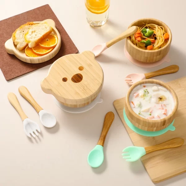 3pc/set Bamboo Baby Feeding Bowl Tableware for Kids Waterproof Suction Bowl Non-slip Silicone Fork Spoon Cartoon Tableware Sets - Image 4