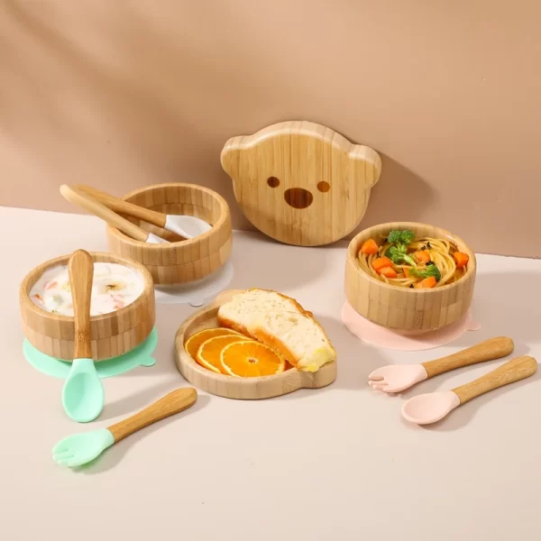 3pc/set Bamboo Baby Feeding Bowl Tableware for Kids Waterproof Suction Bowl Non-slip Silicone Fork Spoon Cartoon Tableware Sets - Image 5