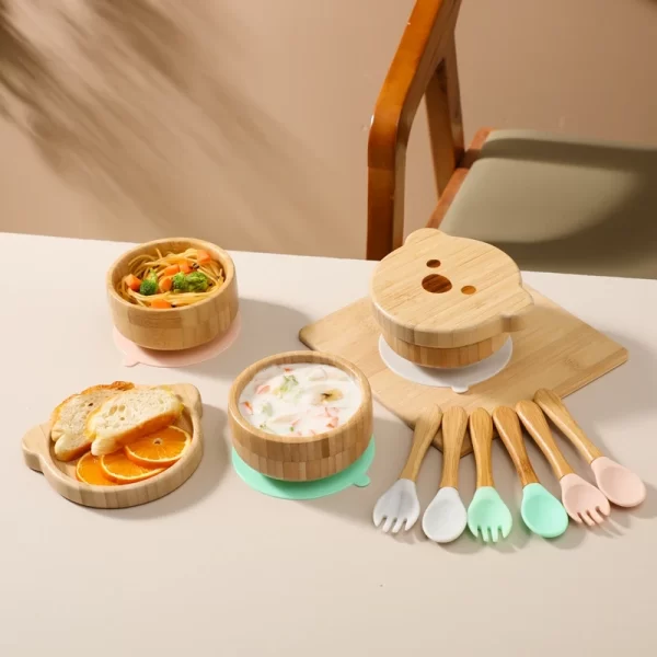 3pc/set Bamboo Baby Feeding Bowl Tableware for Kids Waterproof Suction Bowl Non-slip Silicone Fork Spoon Cartoon Tableware Sets - Image 6