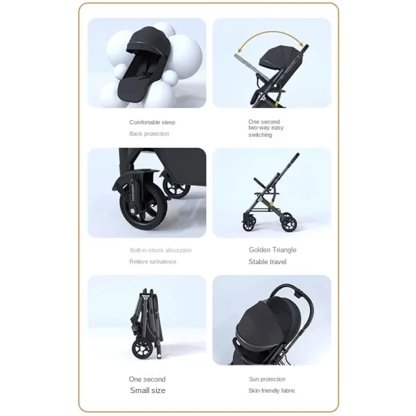 High View Baby Stroller Portable Lying Umbrella Car Bidirectional Pushcart Four-Wheel Shock Absorbent One-Button Ventilated PU - Image 3