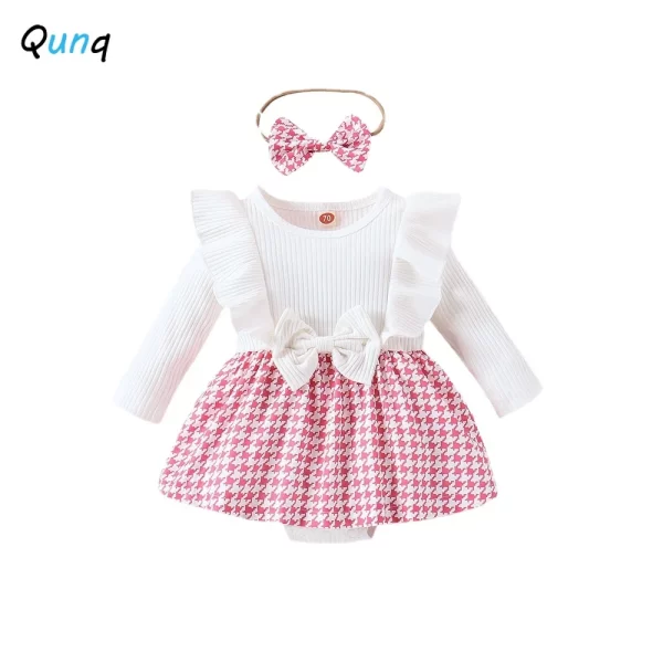 Qunq 2023 Autumn Winter INS New Baby Girls Ruffled Long-sleeved Plaid Bow Patchwork Rompers Dress Casual Kids Clothes Age 1T-3T - Image 3