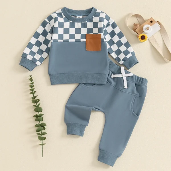 Toddler Boy Fall Clothes Checkerboard Print Long Sleeve Pocket Sweatshirt with Solid Color Pants 2Pcs Outfits - Image 2