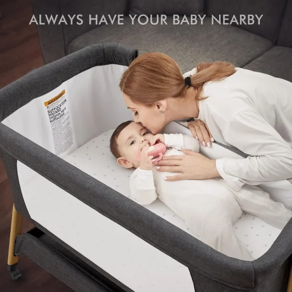 3 in 1 Baby Bassinet, Rocking Bassinets Bedside Sleeper with Comfy Mattress and Wheels, 6 Height Adjustable Easy Fold - Image 4