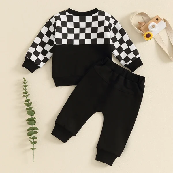 Toddler Boy Fall Clothes Checkerboard Print Long Sleeve Pocket Sweatshirt with Solid Color Pants 2Pcs Outfits - Image 5