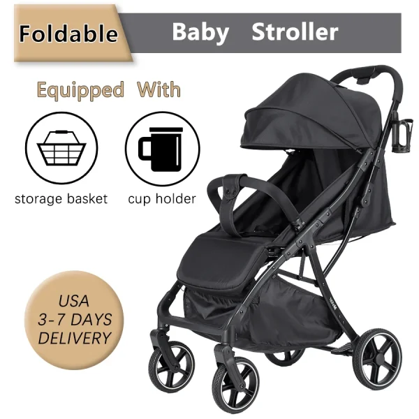 Baby Stroller, Infant Stroller, One-Click Folding & Adjustable Canopy & One-key double braking, Lightweight Newborn Stroller