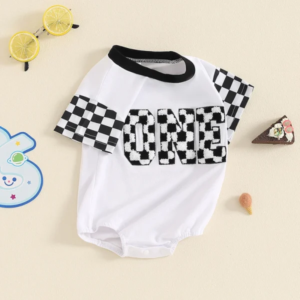 2024-05-07 Lioraitiin Baby Boys First Birthday Romper, Short Sleeve Crew Neck Plaid Embroidery Letters Summer Bodysuit Clothes - Image 5