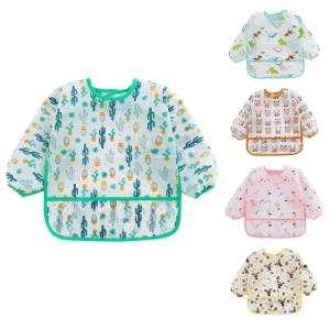 Kids Waterproof Long Sleeve Feeding Bibs Mess Proof Washable Feeding Bib Large Pocket Supplies For Eating Accessory
