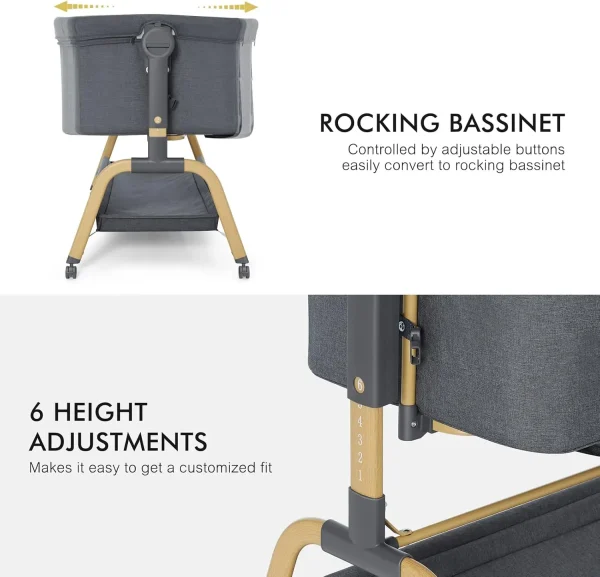 3 in 1 Baby Bassinet, Rocking Bassinets Bedside Sleeper with Comfy Mattress and Wheels, 6 Height Adjustable Easy Fold - Image 5