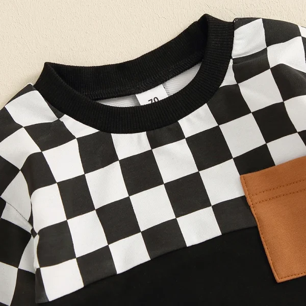 Toddler Boy Fall Clothes Checkerboard Print Long Sleeve Pocket Sweatshirt with Solid Color Pants 2Pcs Outfits - Image 6