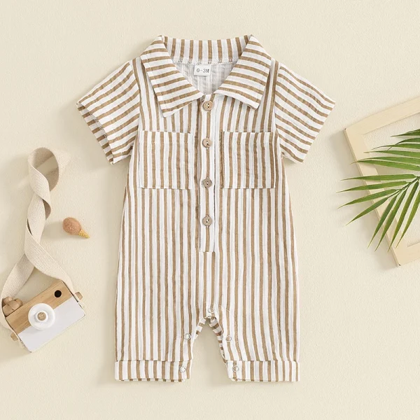 2024-05-10 Lioraitiin Summer Infant Baby Boy Striped Romper Short Sleeve Front Single-breasted Legs Jumpsuit Clothes - Image 5