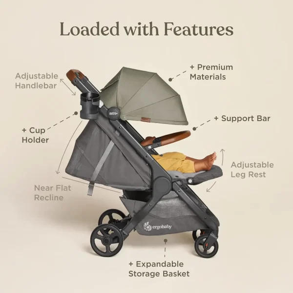 Ergobaby Metro+ Deluxe Compact Baby Stroller, Lightweight Umbrella Stroller Folds Down for Overhead Airplane Storage - Image 3