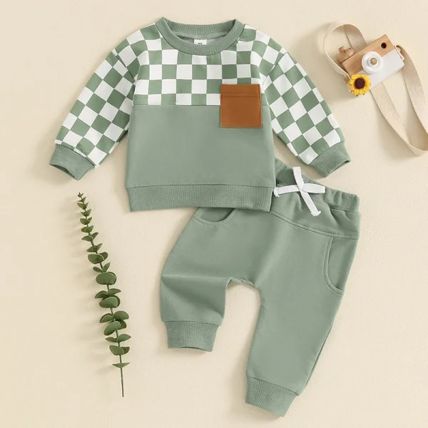 Toddler Boy Fall Clothes Checkerboard Print Long Sleeve Pocket Sweatshirt with Solid Color Pants 2Pcs Outfits - Image 3