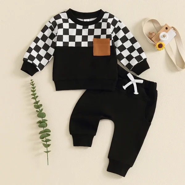 Toddler Boy Fall Clothes Checkerboard Print Long Sleeve Pocket Sweatshirt with Solid Color Pants 2Pcs Outfits - Image 4
